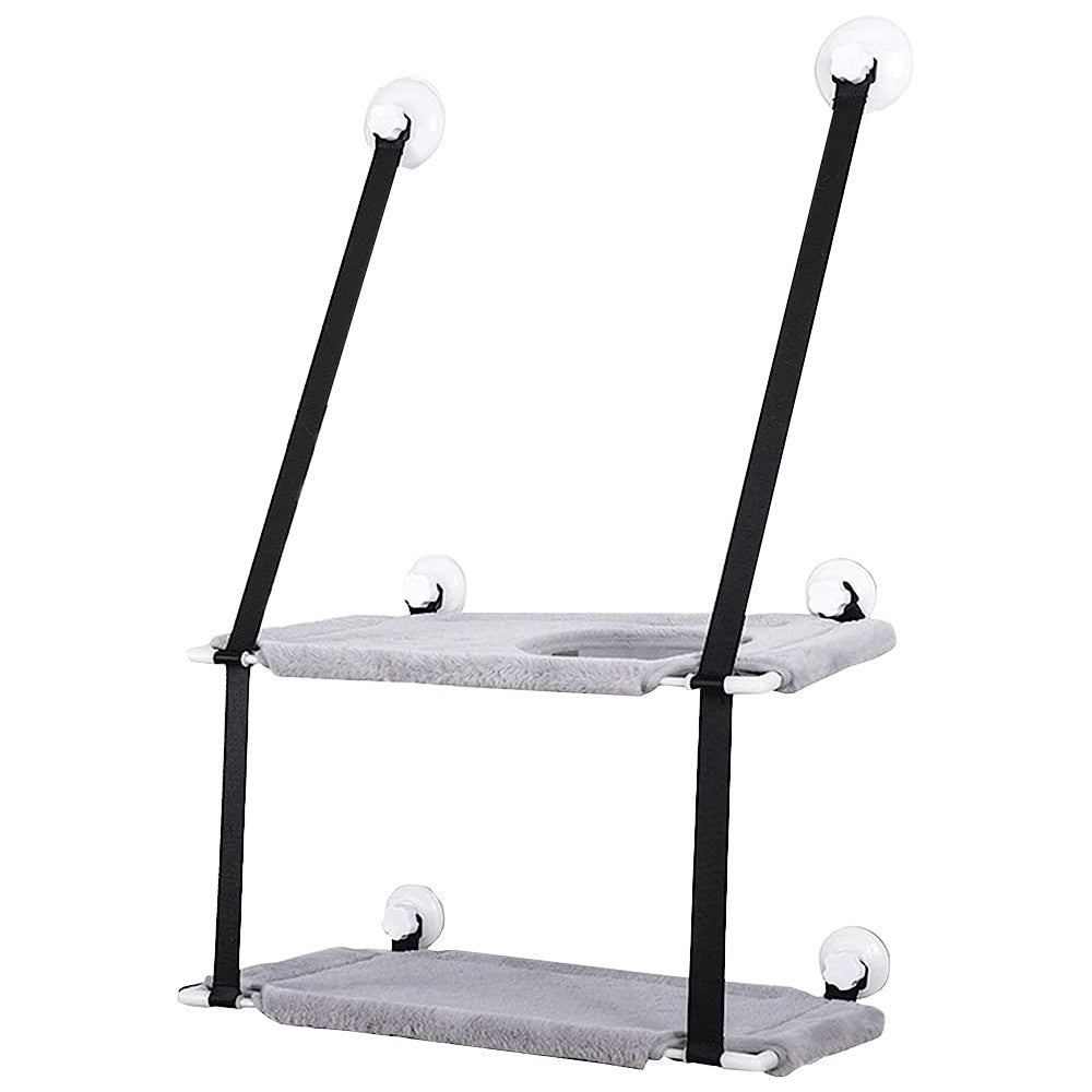 Double Layer Cat Hammock for Window Plush Cat Bed Warm Hanging Nest Grey