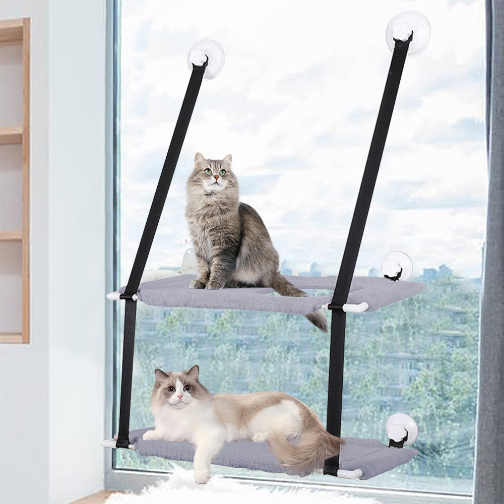 Double Layer Cat Hammock for Window Plush Cat Bed Warm Hanging Nest Grey