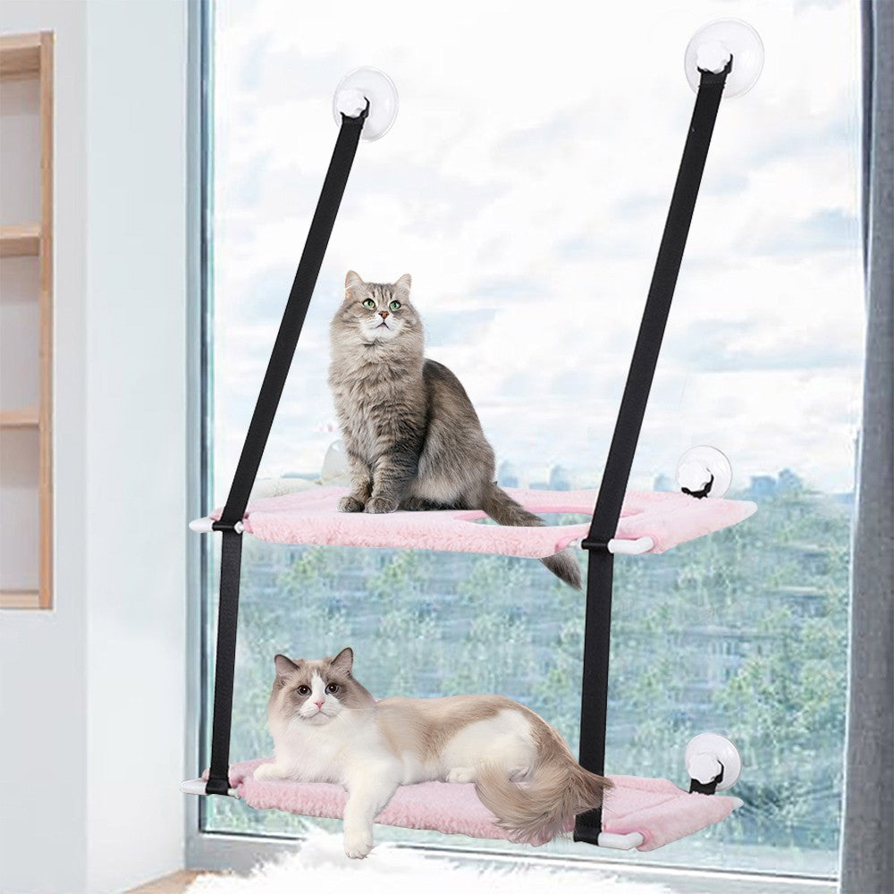 Double Layer Cat Hammock for Window Plush Cat Bed Warm Hanging Nest Pink