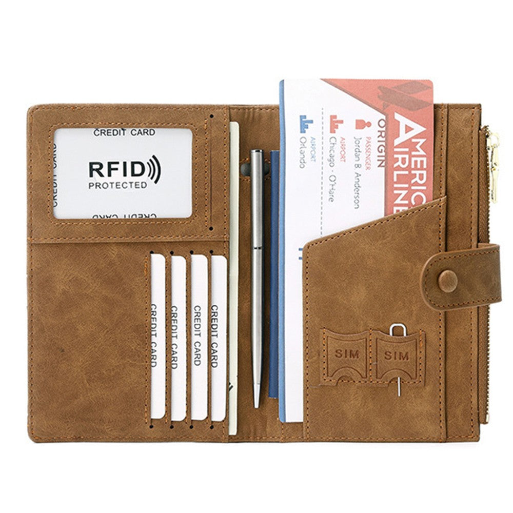 RFID Blocking Card Holder PU Leather Travel Passport Holder Wallet Brown