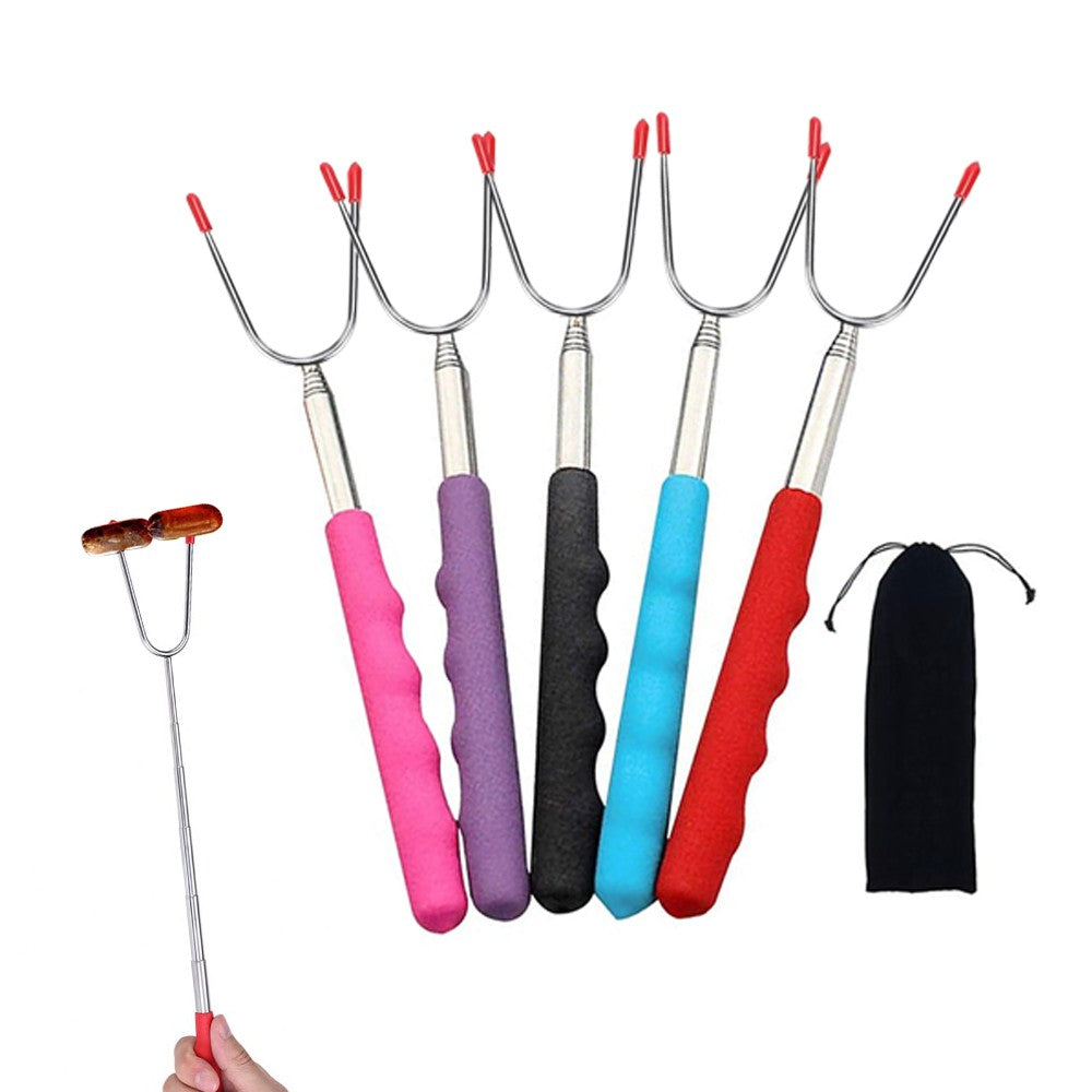 5Pcs Stainless Steel Barbecue Forks Retractable BBQ Skewers Roasting Sticks for Camping