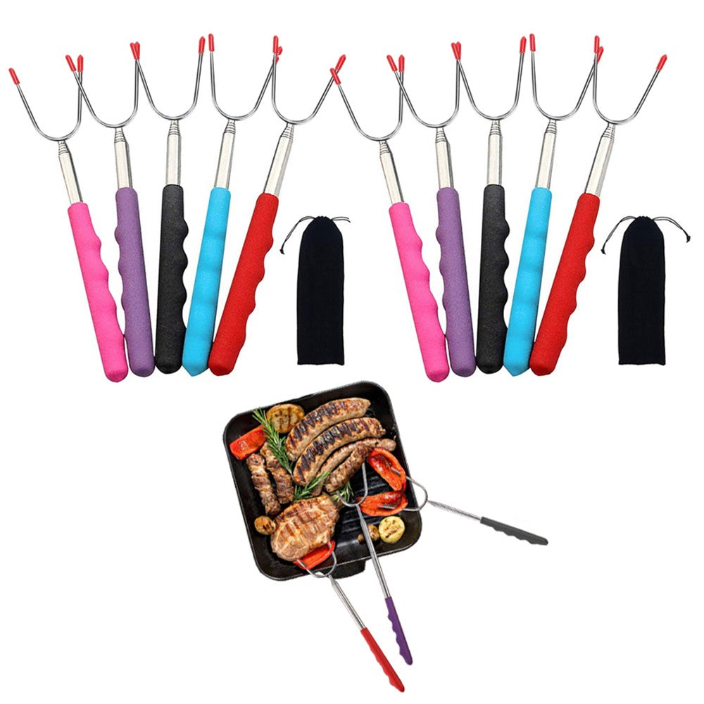 10Pcs Stainless Steel Barbecue Forks Retractable BBQ Skewers Roasting Sticks for Camping
