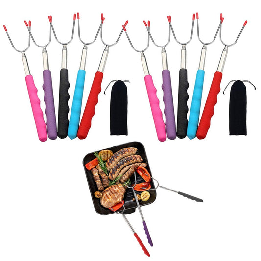 10Pcs Stainless Steel Barbecue Forks Retractable BBQ Skewers Roasting Sticks for Camping