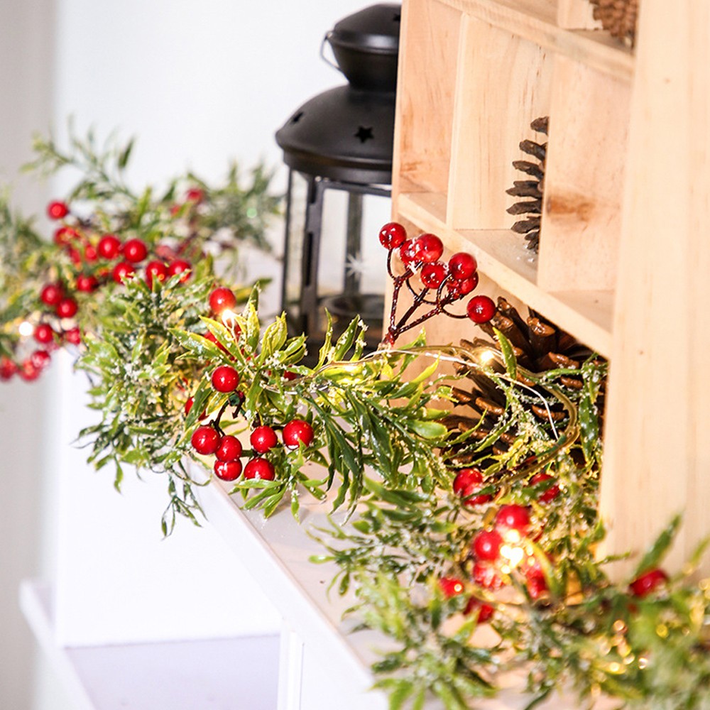 3M Christmas String Light Artificial Rattan Red Berry Xmas Garland Light Door Wreath Decor
