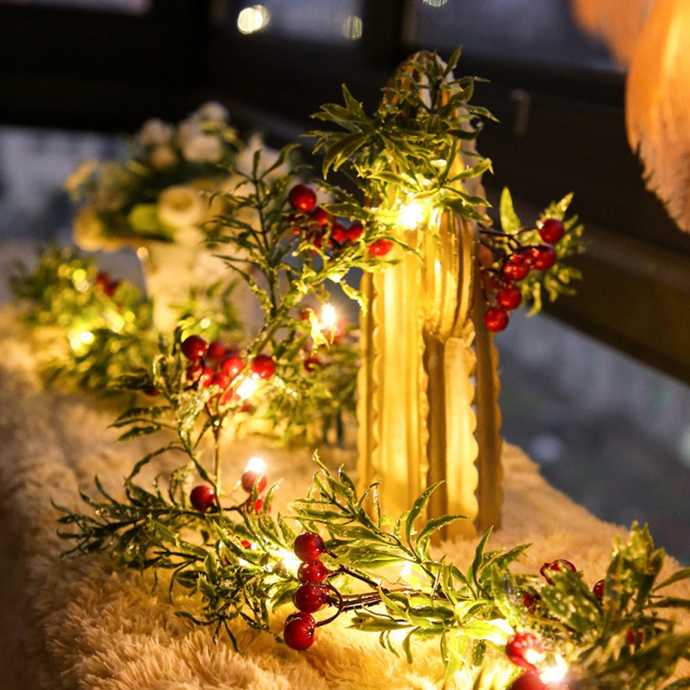 2M Christmas String Light Artificial Rattan Red Berry Xmas Garland Light Door Wreath Decor