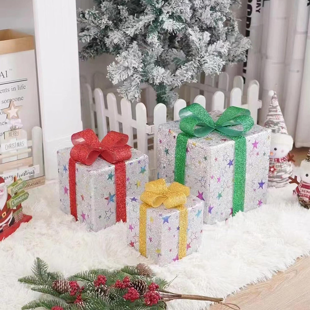 3Pcs Christmas Lighted Boxes Xmas Present LED Lights Decor Star Style