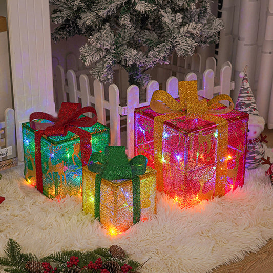 3Pcs Christmas Lighted Boxes Xmas Present LED Lights Decor Elk Style