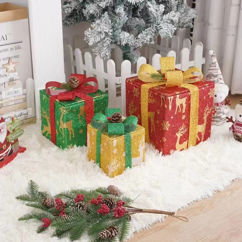 3Pcs Christmas Lighted Boxes Xmas Present LED Lights Decor Elk Style