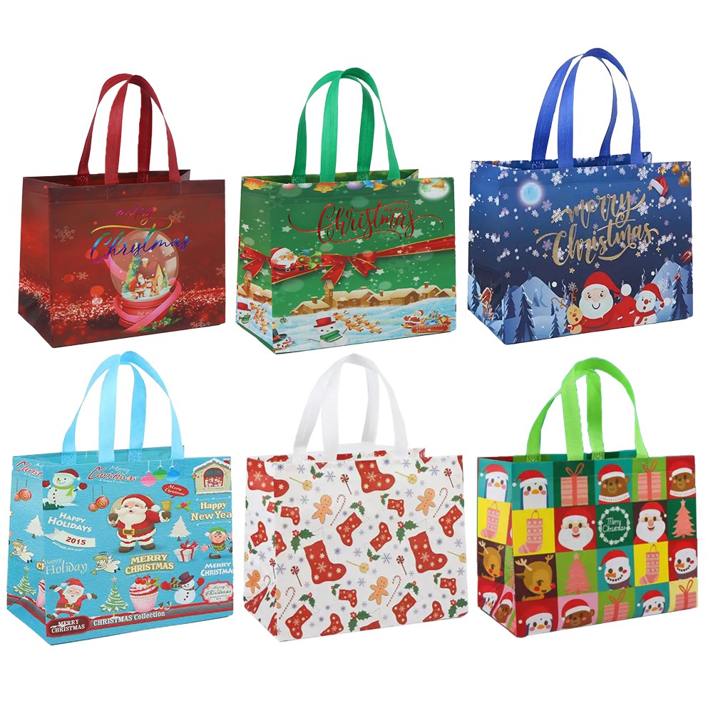 6Pcs Reusable Christmas Tote Bags with Handle Non-Woven Christmas Treat Bag - Series 2