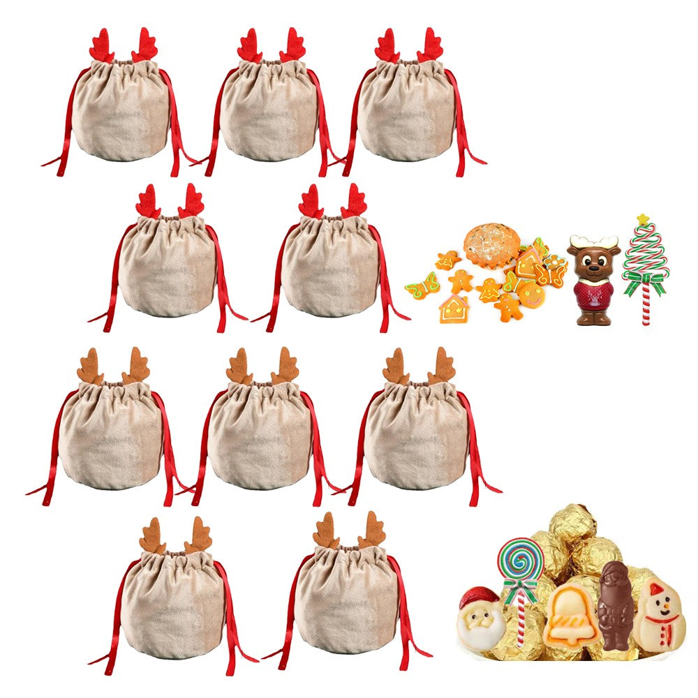 10Pcs Christmas Antlers Candy Bags Reusable Xmas Treat Cookie Bag Drawstring Bag