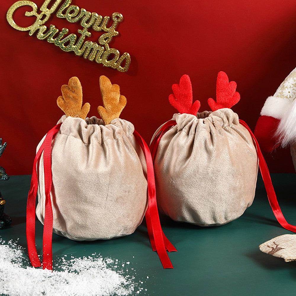 10Pcs Christmas Antlers Candy Bags Reusable Xmas Treat Cookie Bag Drawstring Bag