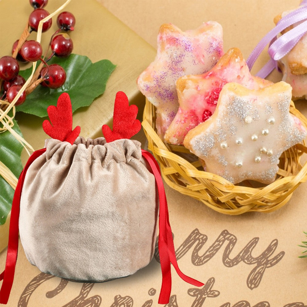 10Pcs Christmas Antlers Candy Bags Reusable Xmas Treat Cookie Bag Drawstring Bag