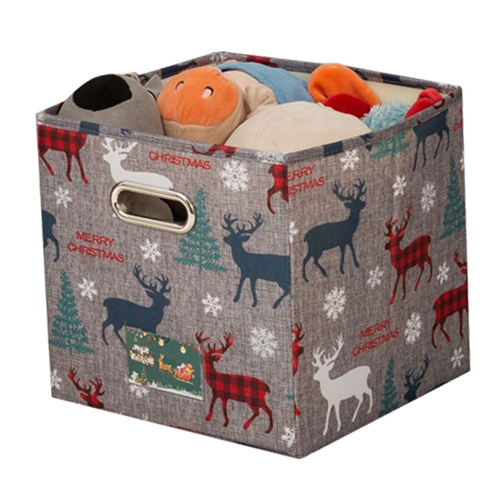 27x27x27cm Christmas Reindeer Foldable Storage Basket Storage Bin Organiser Cube - Grey