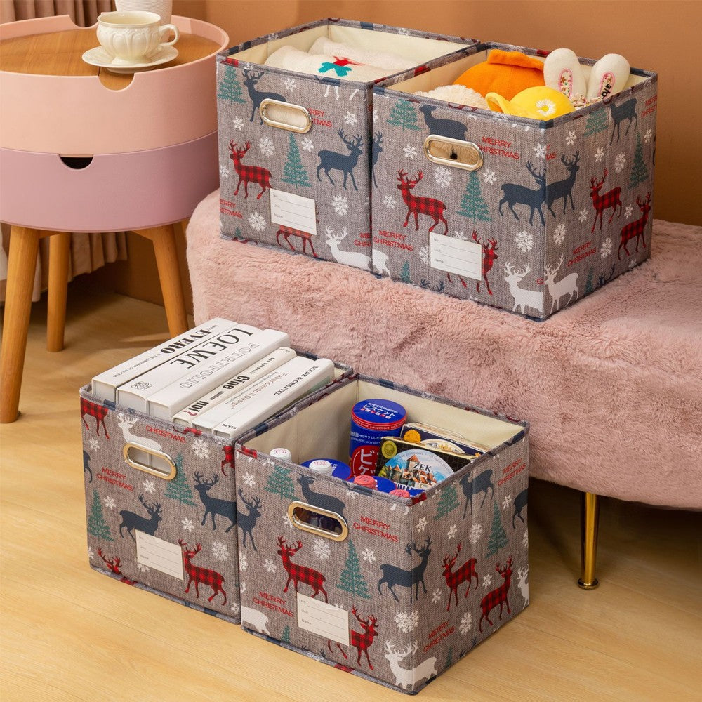 27x27x27cm Christmas Reindeer Foldable Storage Basket Storage Bin Organiser Cube - Grey
