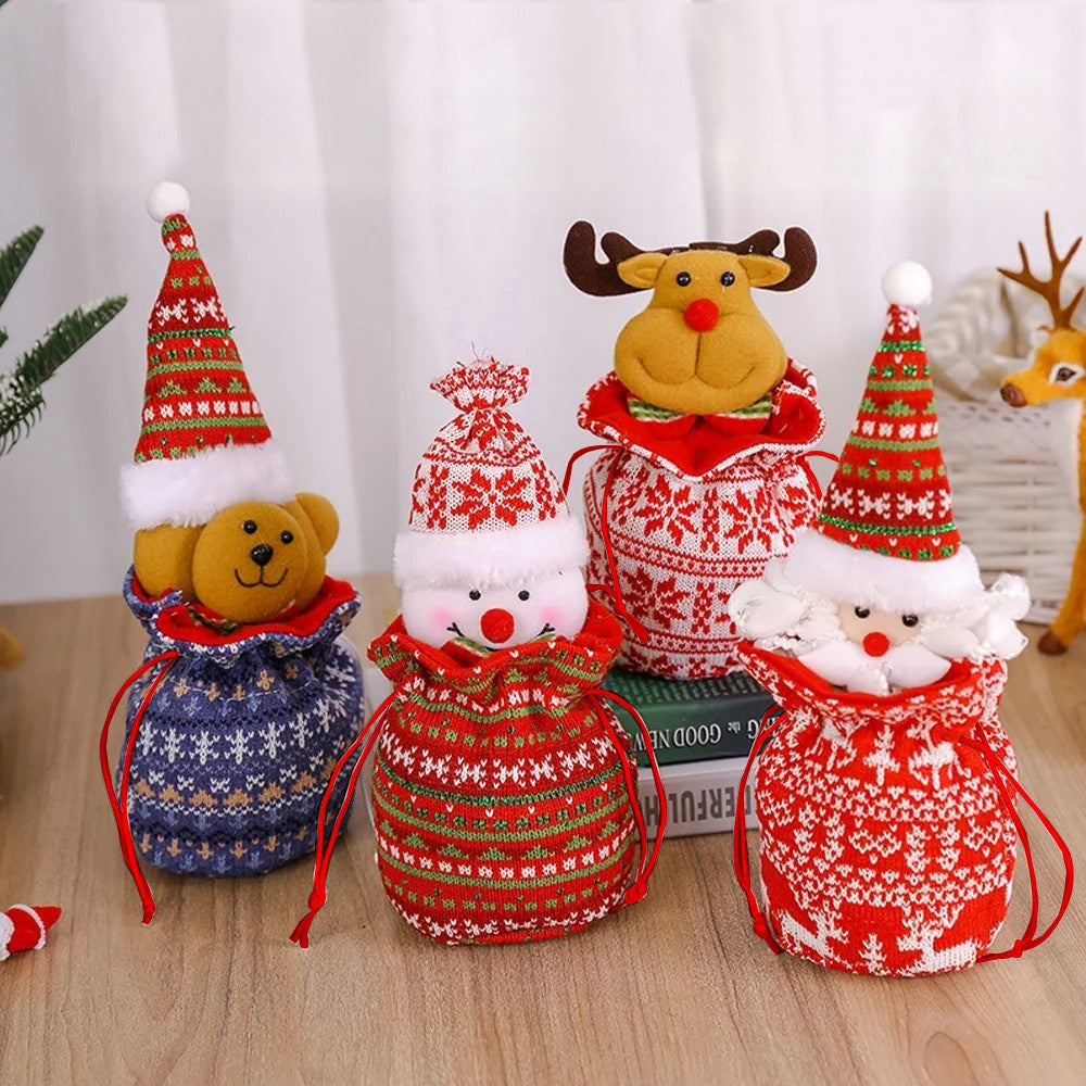 4Pcs Christmas Candy Bags Reusable Xmas Dolls Treat Cookie Bags Drawstring Bag