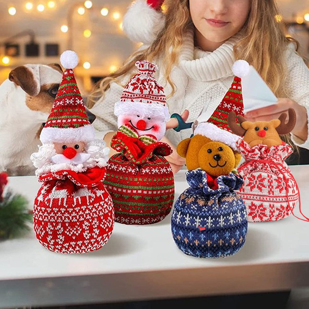 4Pcs Christmas Candy Bags Reusable Xmas Dolls Treat Cookie Bags Drawstring Bag