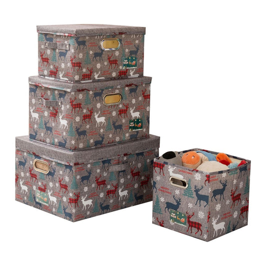 4Pcs Christmas Reindeer Foldable Storage Basket Storage Bin Organiser Cube - Green