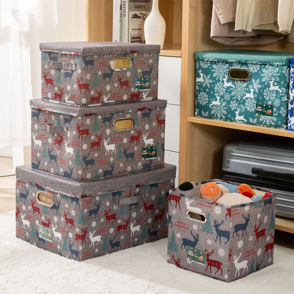 4Pcs Christmas Reindeer Foldable Storage Basket Storage Bin Organiser Cube - Green