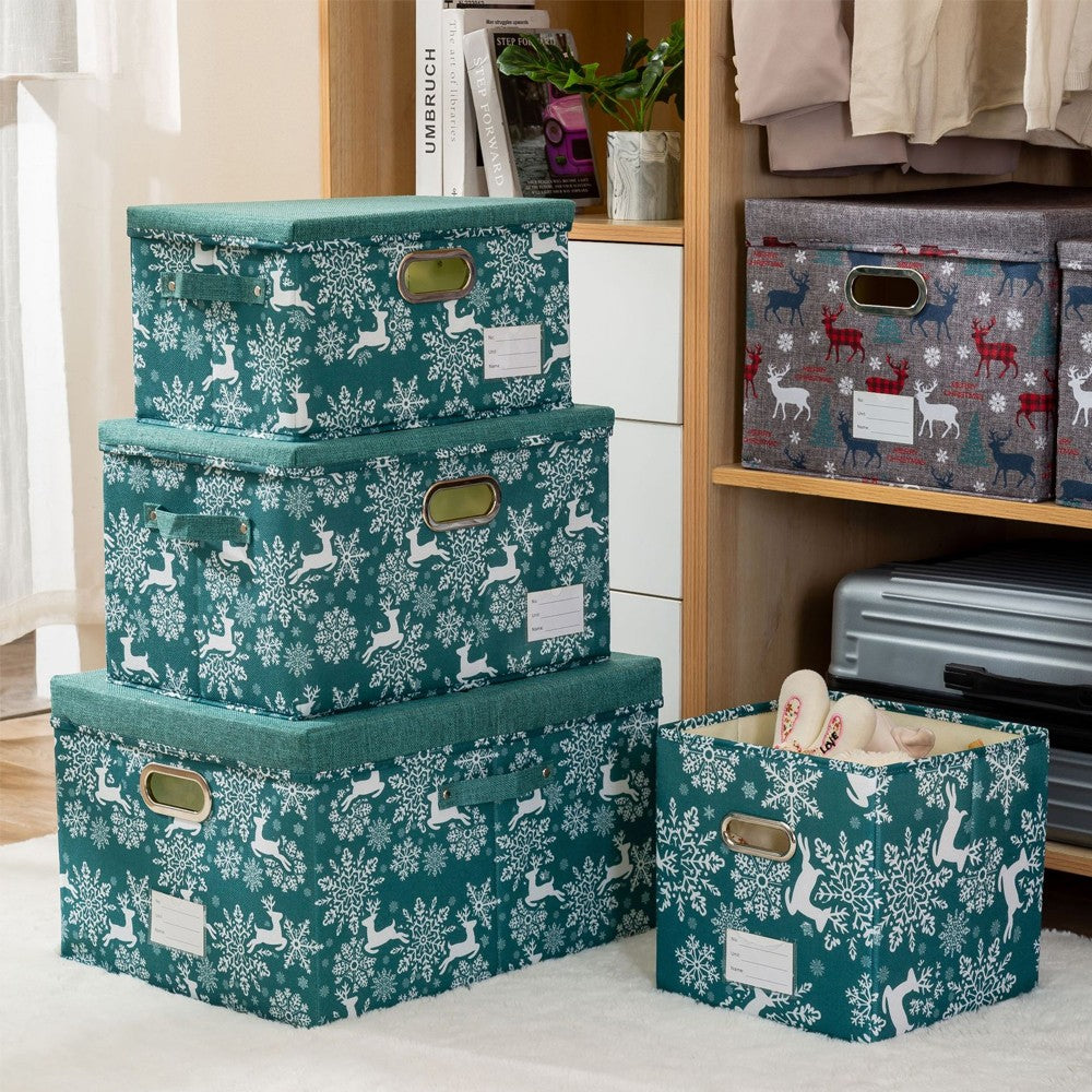 4Pcs Christmas Reindeer Foldable Storage Basket Storage Bin Organiser Cube - Grey