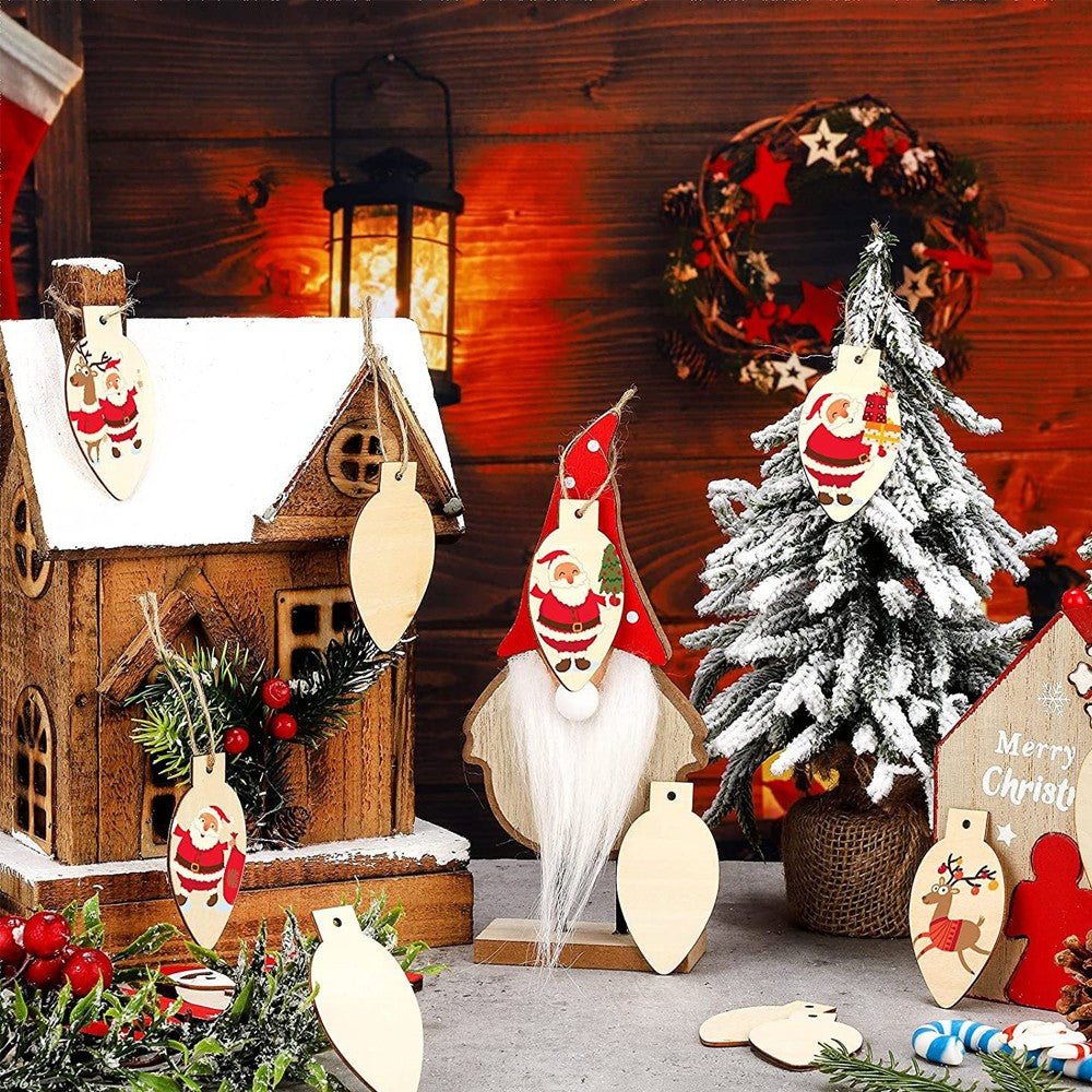 50Pcs Christmas DIY Blank Wooden Slices Ornaments with Holes Unfinished Wooden Hanging Decorations