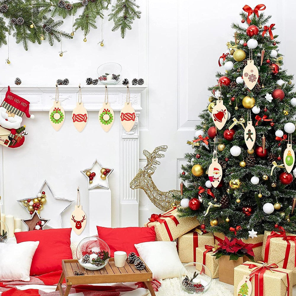 50Pcs Christmas DIY Blank Wooden Slices Ornaments with Holes Unfinished Wooden Hanging Decorations