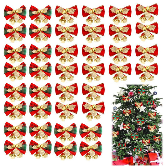 40Pcs Christmas Bows with Bells Christmas Tree Hanging Bowknot Ornaments Home Decor