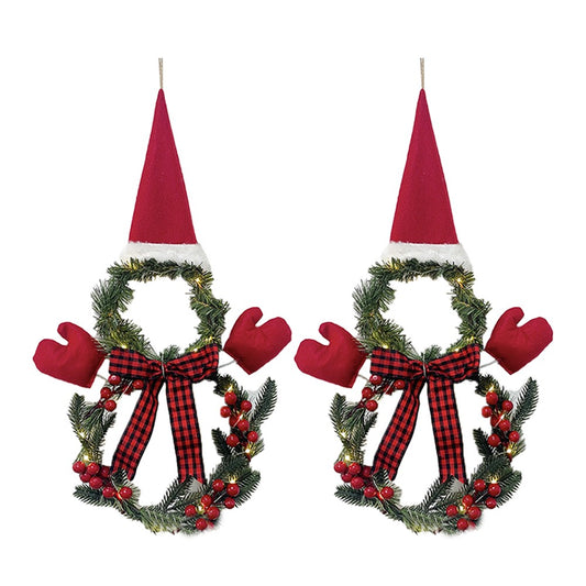 2xChristmas Wreath Door Decoration LED Snowman Shape Wreath for Home Decor