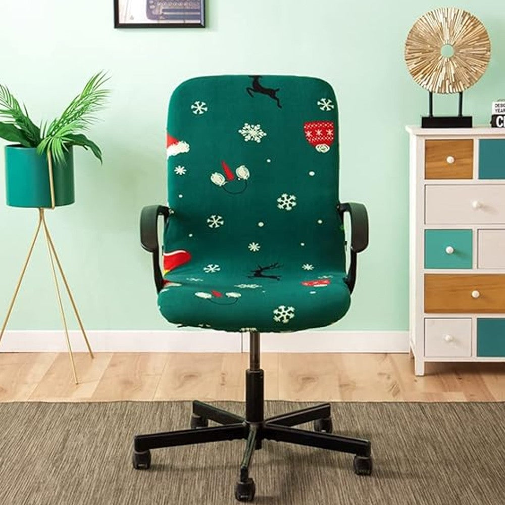 Christmas Printed Stretch Removable Swivel Office Chair Cover - Green L