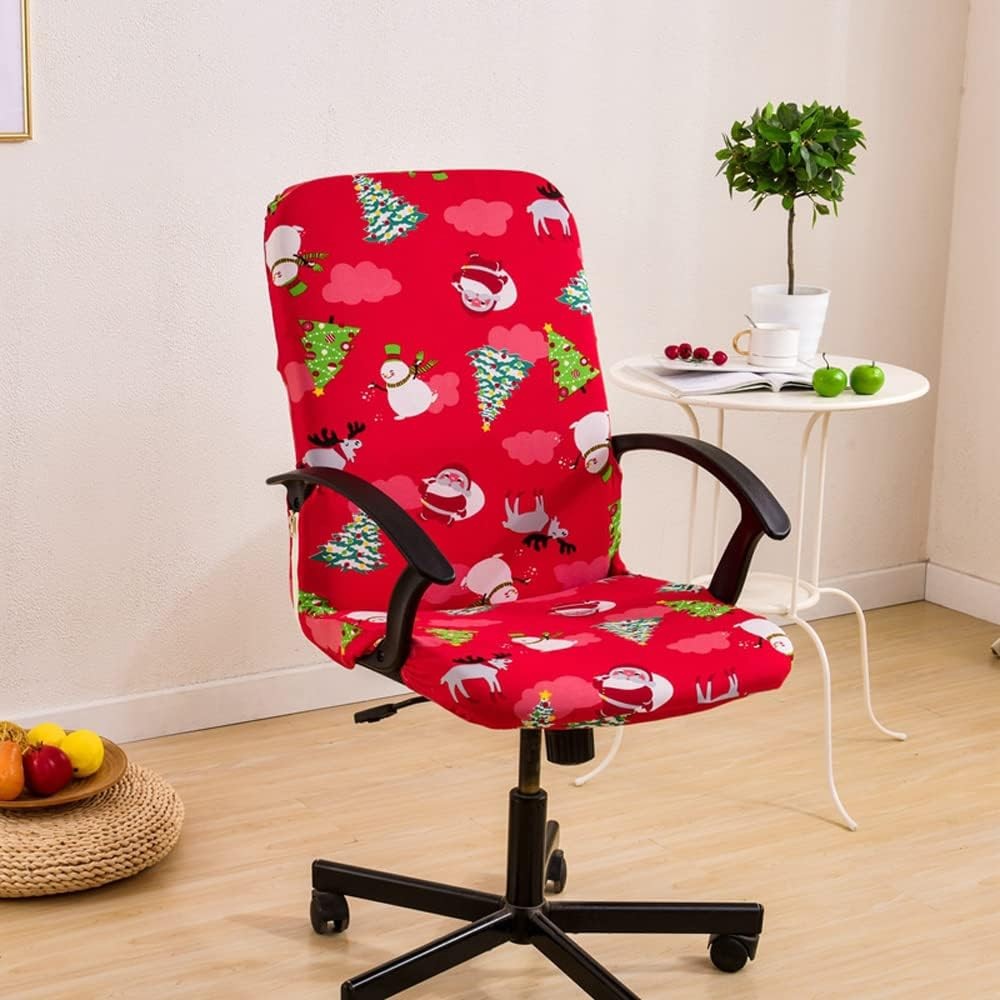 Christmas Printed Stretch Removable Swivel Office Chair Cover - Red M