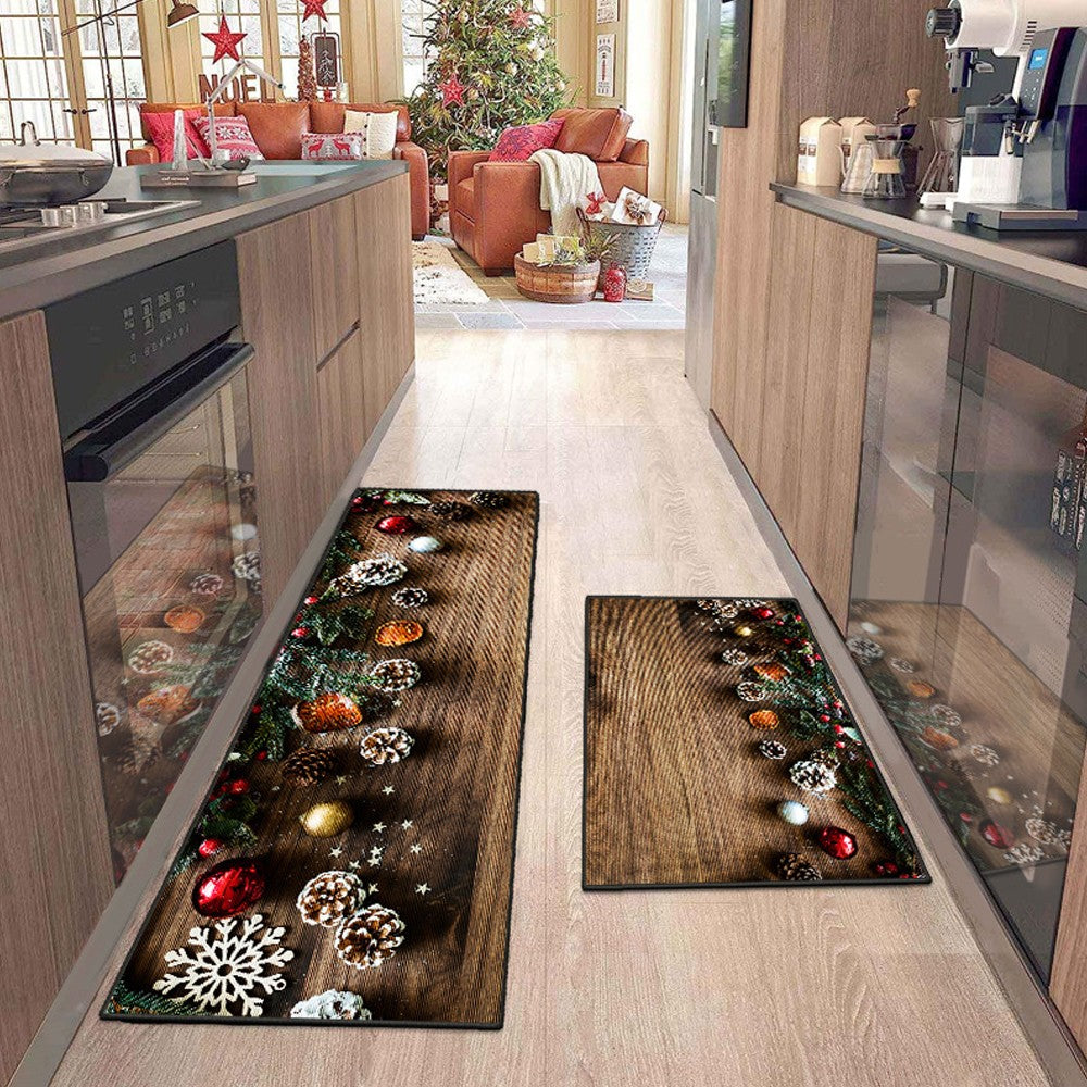 2Pcs 50x80cm + 50x150cm Christmas Kitchen Floor Mat Set Indoor Doormat - Style 2