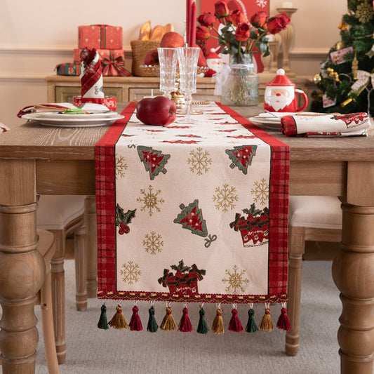 35x180cm Christmas Jacquard Tassel Table Runner - Style 1