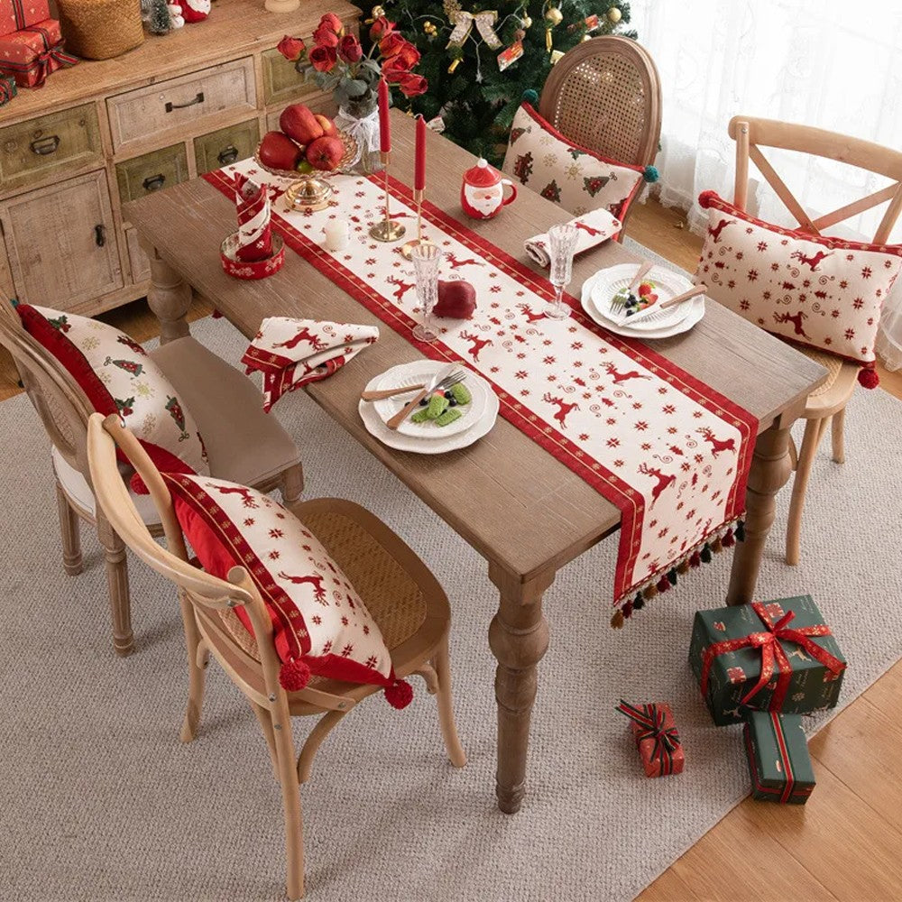 35x180cm Christmas Jacquard Tassel Table Runner - Style 2