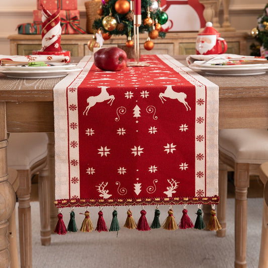 35x180cm Christmas Jacquard Tassel Table Runner - Style 3