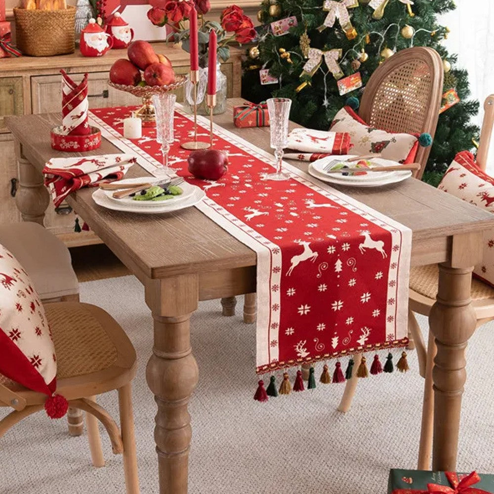 35x180cm Christmas Jacquard Tassel Table Runner - Style 3