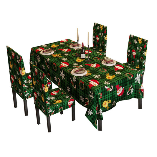 140x220cm Christmas Theme Tablecloth and 4 Chair Covers Set - Green Plaid