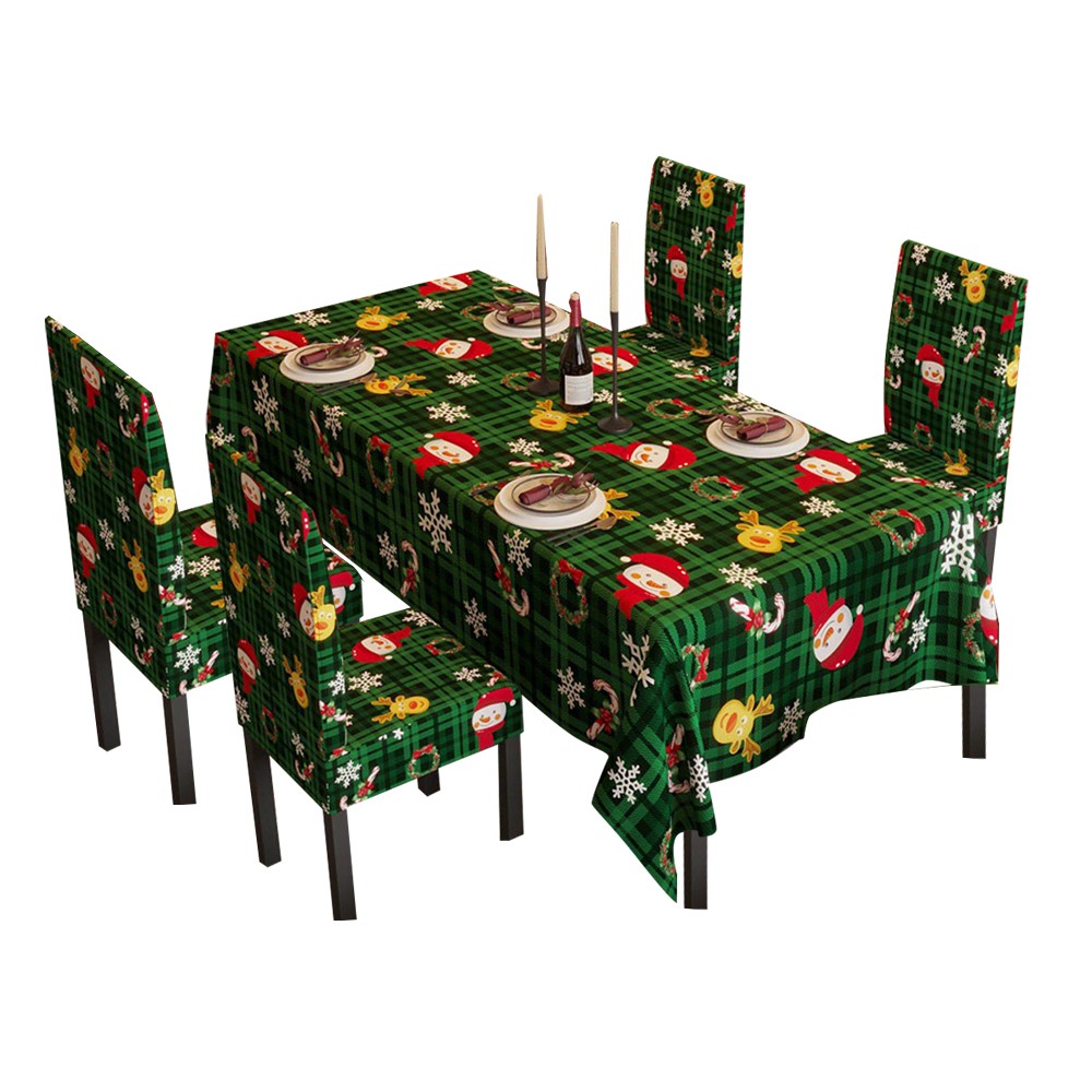 140x180cm Christmas Theme Tablecloth and 4 Chair Covers Set - Green Plaid