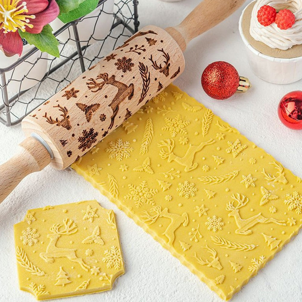Christmas Embossing Rolling Pin Wooden Dough Roller - Style 1