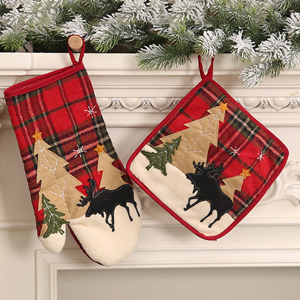 2-Piece Christmas Oven Mitt and Pot Holder Reusable Kitchen Heat Insulation Pad Microwave Gloves
