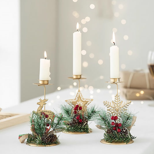 3Pcs Christmas Candlestick Tea Lights Metal Candle Holder Xmas Tabletop Decoration