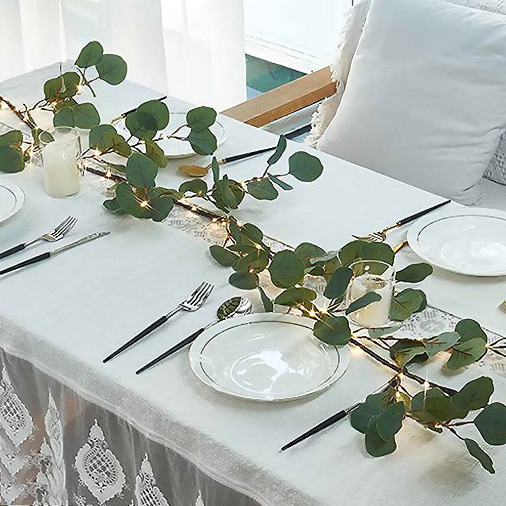 2Pcs 1.8m Lighted Artificial Vine Garland Light Battery Operated String Light with Timer - Eucalyptus Leaf
