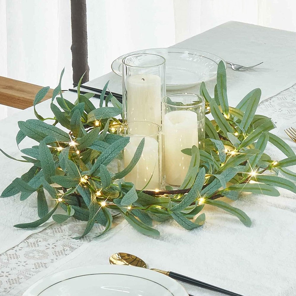 2Pcs 1.8m Lighted Artificial Vine Garland Light Battery Operated String Light with Timer - Olive Leaf