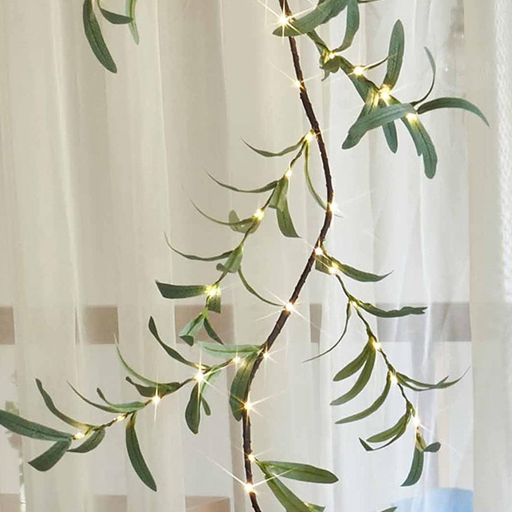1Pc 1.8m Lighted Artificial Vine Garland Light Battery Operated String Light with Timer - Olive Leaf