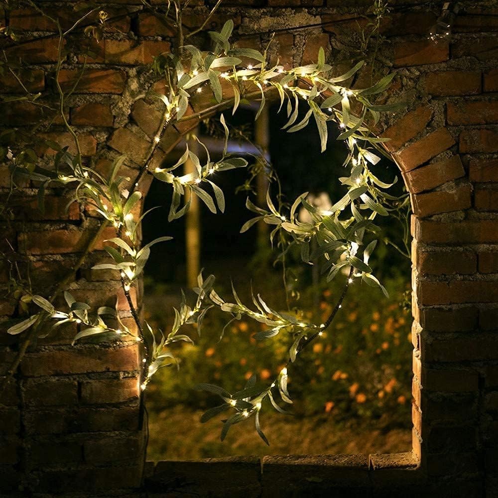 2Pcs 1.8m Lighted Artificial Vine Garland Light Battery Operated String Light with Timer - Olive Leaf