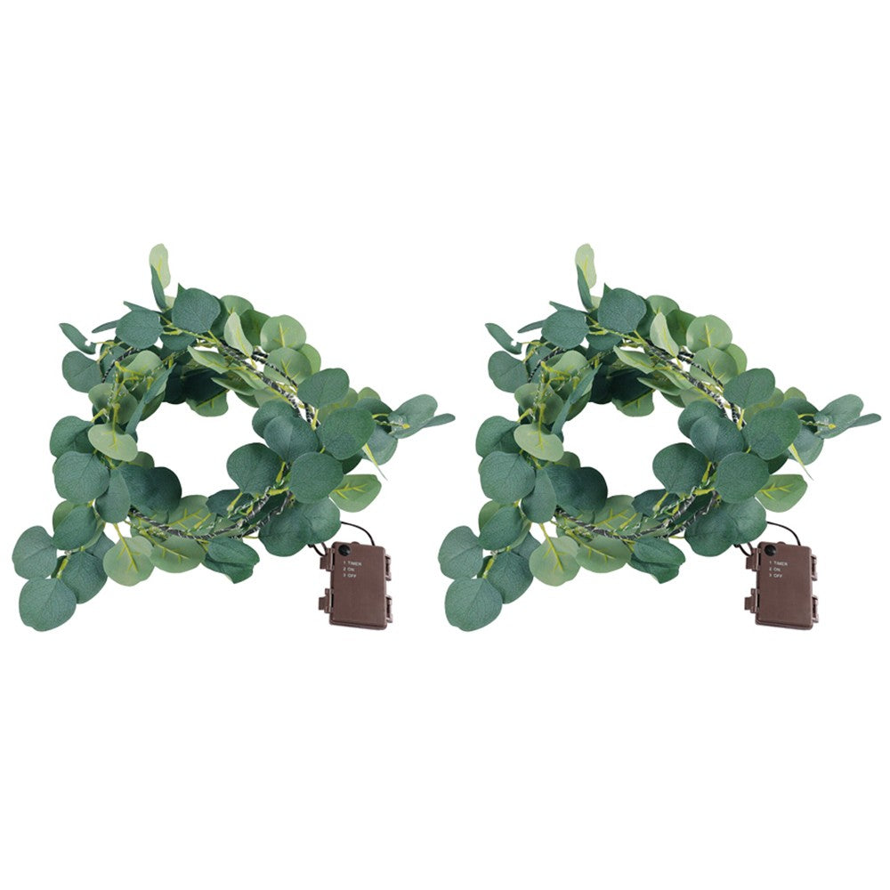2Pcs 1.8m Lighted Artificial Vine Garland Light Battery Operated String Light with Timer - Eucalyptus Leaf