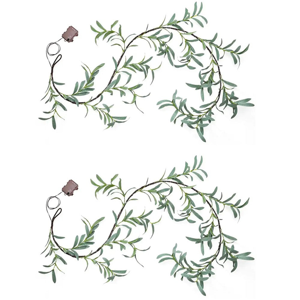 2Pcs 1.8m Lighted Artificial Vine Garland Light Battery Operated String Light with Timer - Olive Leaf