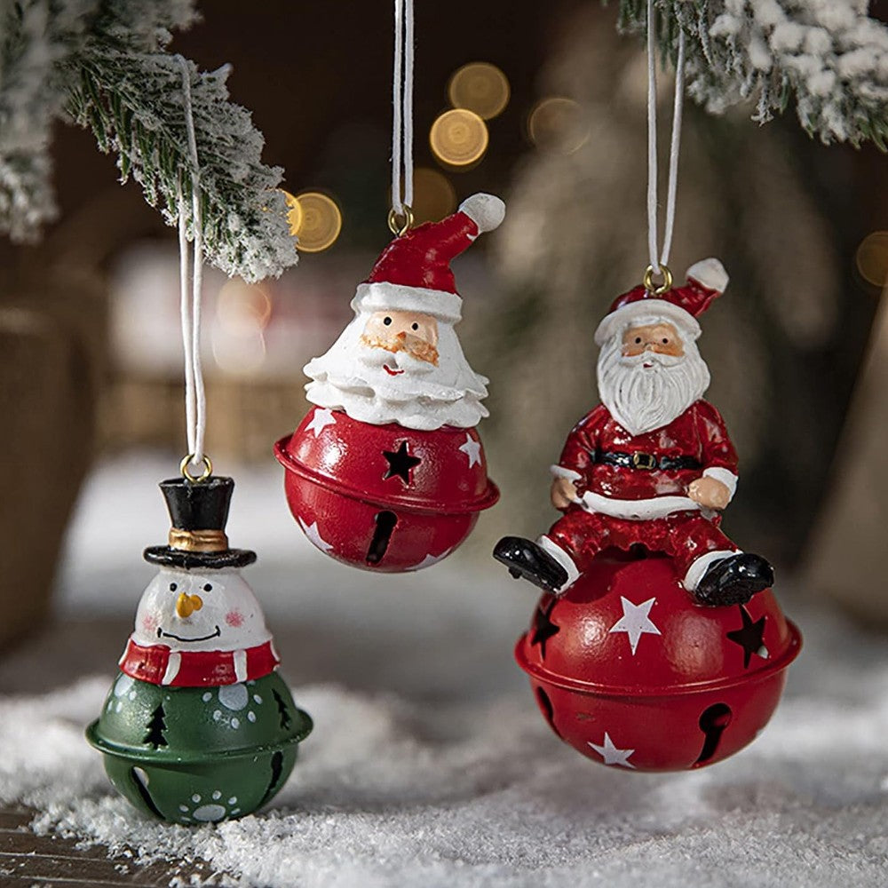 3Pcs Christmas Painted Bell Pendant Resin Santa Claus Hanging Ornament Xmas Tree Decor