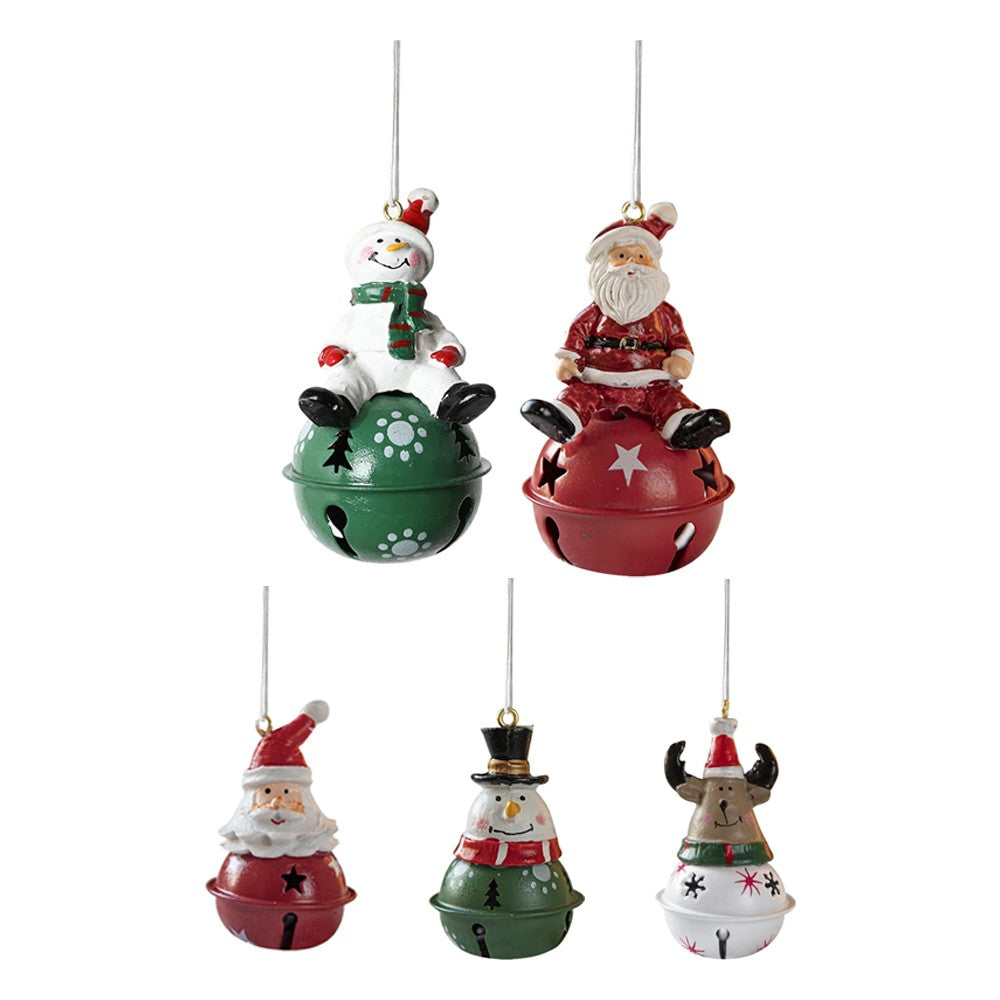 5Pcs Christmas Painted Bell Pendant Resin Santa Claus Hanging Ornament Xmas Tree Decor