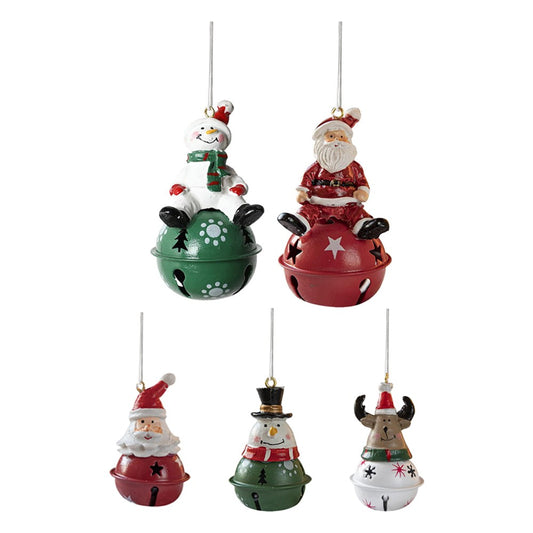 5Pcs Christmas Painted Bell Pendant Resin Santa Claus Hanging Ornament Xmas Tree Decor
