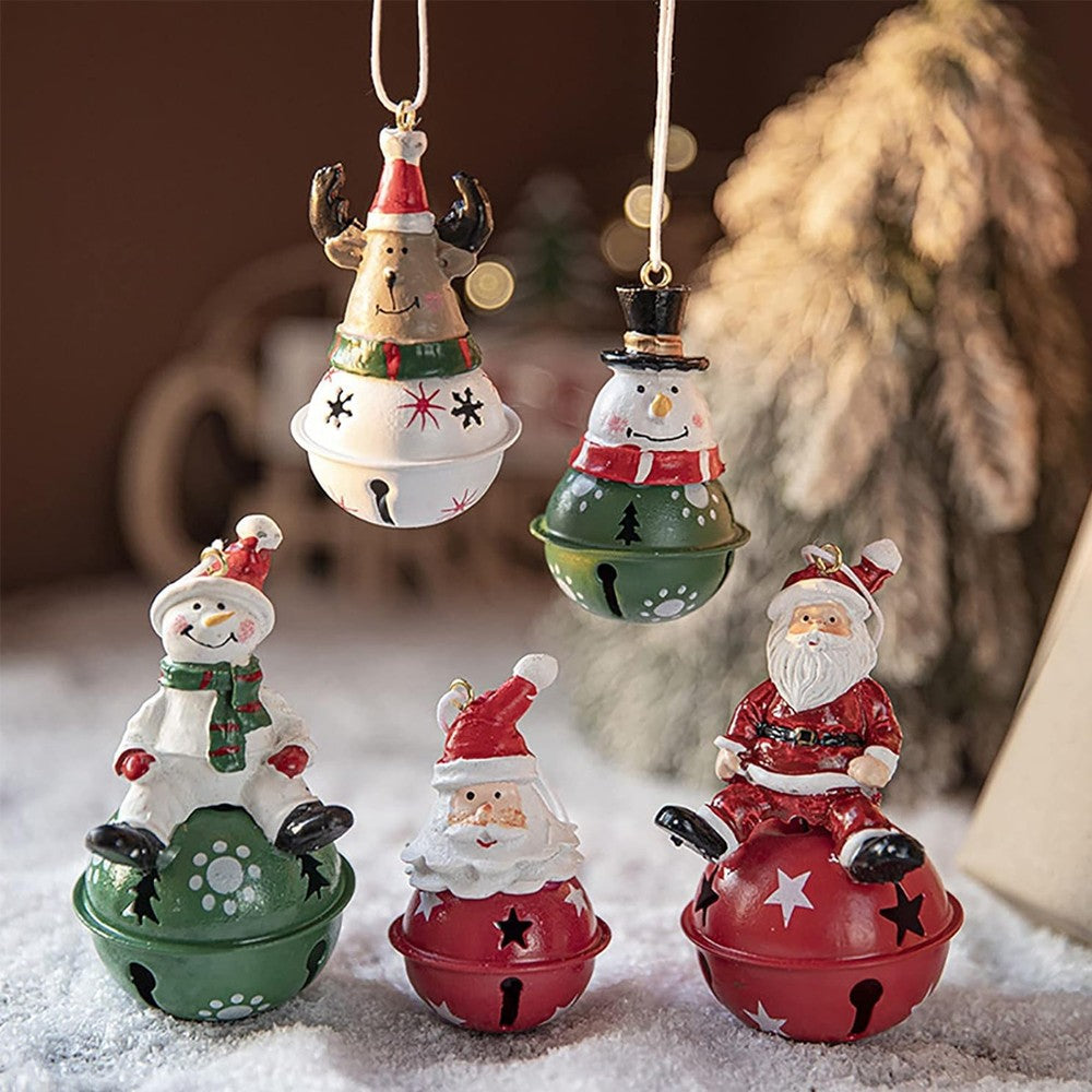 5Pcs Christmas Painted Bell Pendant Resin Santa Claus Hanging Ornament Xmas Tree Decor