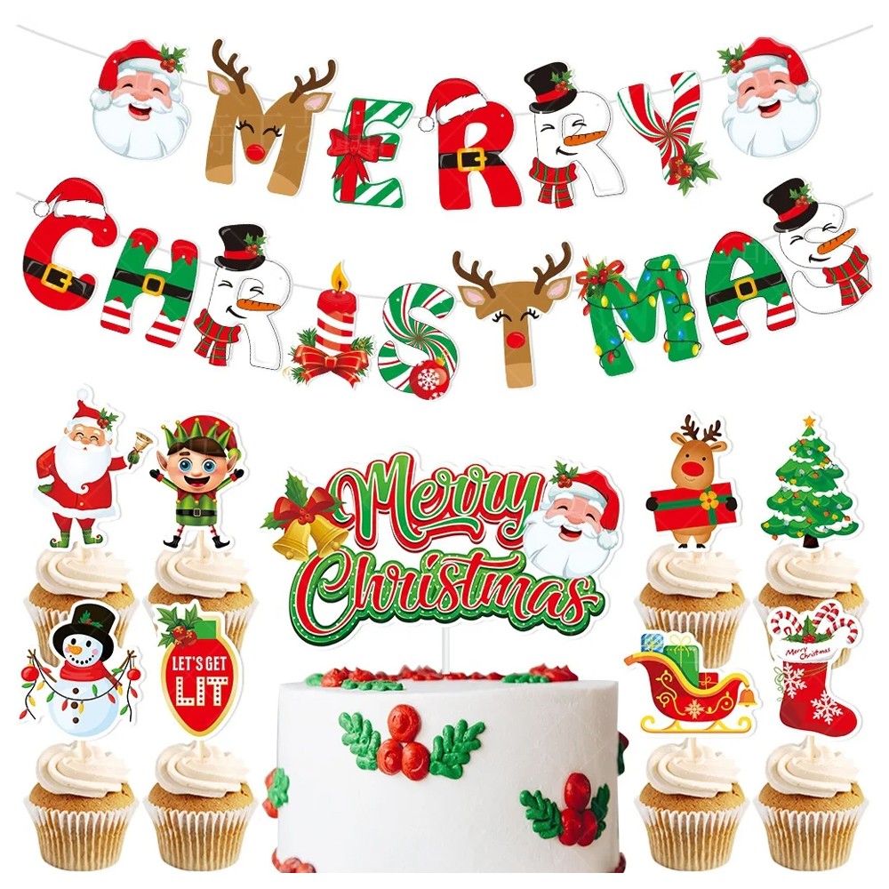 Christmas Party Cake Decoration Set Merry Christmas Banner Cupcake Topper Decor